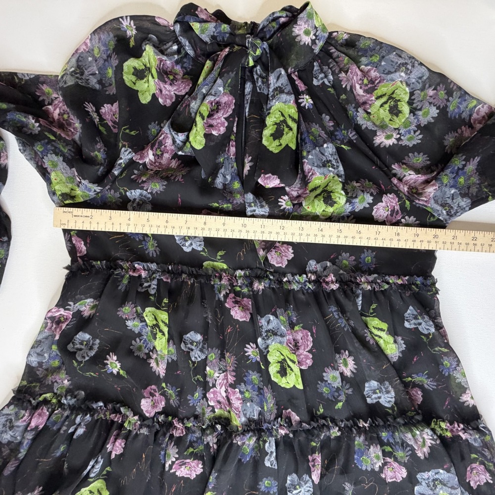 NWT Cinq a Sept Midnight Bloom Revina Dress Size 12 Dark Floral Tie Neck Tiered - Picture 12 of 15